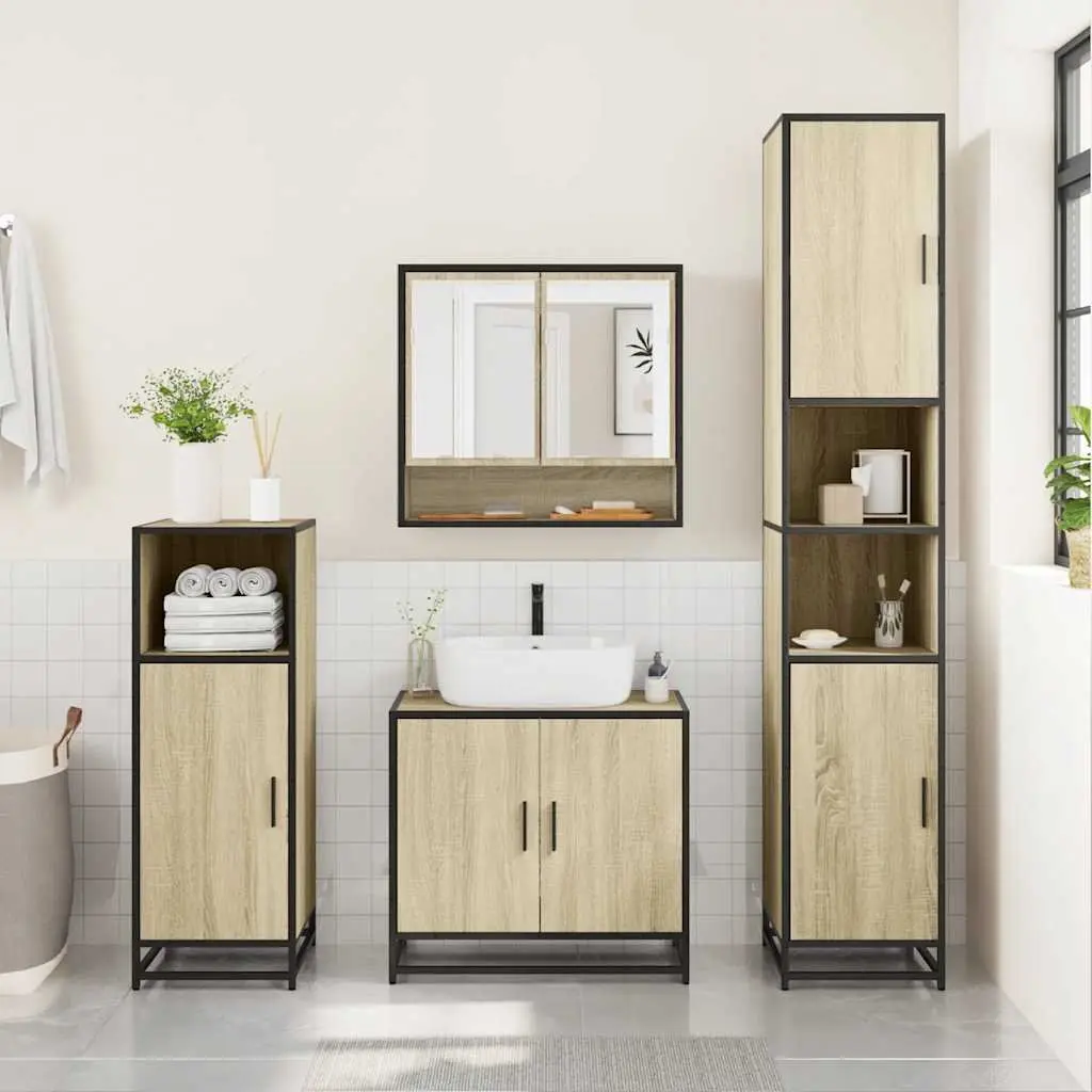 4 Piece Brown Bathroom Set Engineered Wood Metal Frame Wall-Mounted Storage Cabinet Mirror
