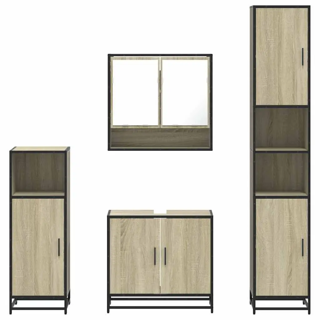 4 Piece Brown Bathroom Set Engineered Wood Metal Frame Wall-Mounted Storage Cabinet Mirror