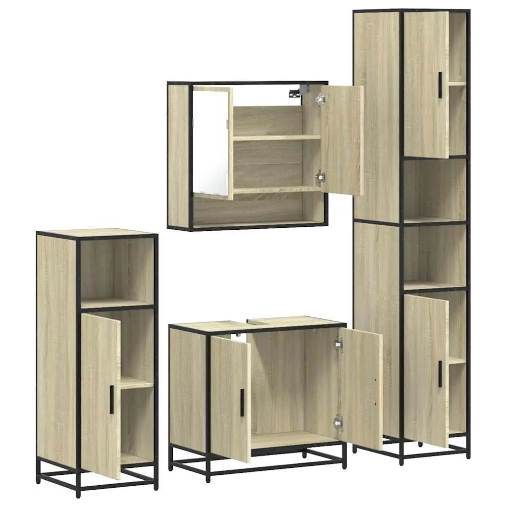 4 Piece Brown Bathroom Set Engineered Wood Metal Frame Wall-Mounted Storage Cabinet Mirror