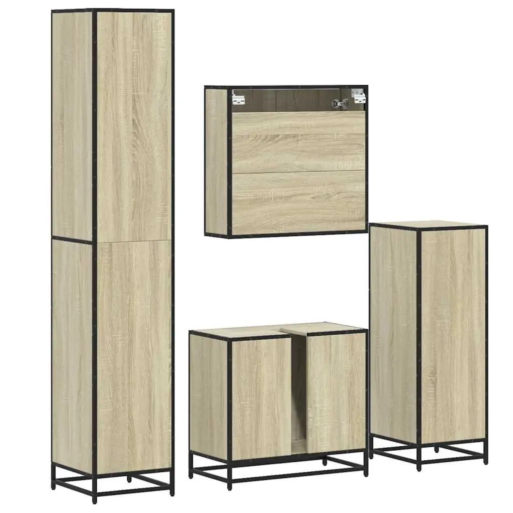 4 Piece Brown Bathroom Set Engineered Wood Metal Frame Wall-Mounted Storage Cabinet Mirror