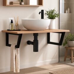 Wall Mounted Basin Shelf Bathroom Vanity Storage Steel Oak Wood Top Brown