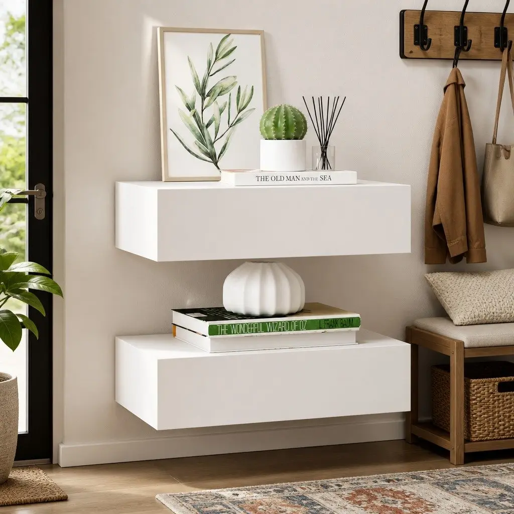 Wall-Mounted Drawer Shelves for Home Decor 2 Piece White Floating Storage Organizer