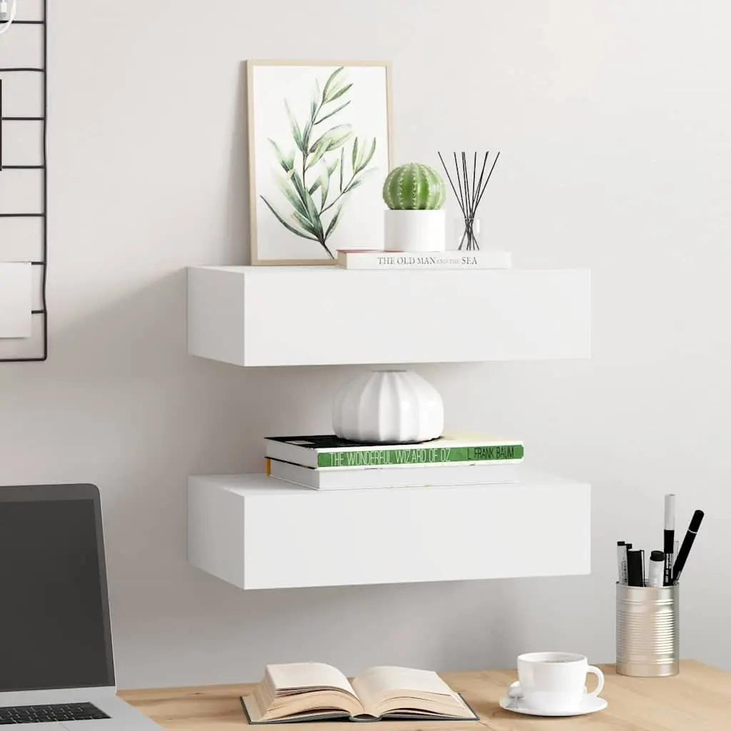 Wall-Mounted Drawer Shelves for Home Decor 2 Piece White Floating Storage Organizer