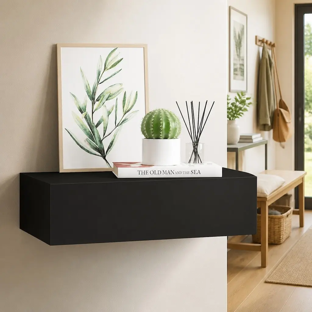 Wall-mounted Drawer Shelf Black Floating Storage Organizer 40x23.5x10cm