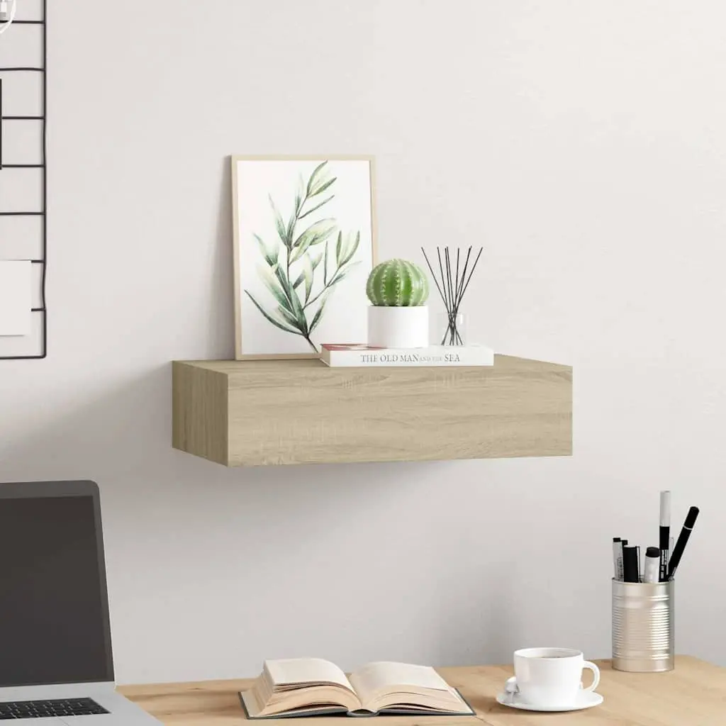 Wall-mounted Drawer Shelf Oak MDF Floating Storage Ledge Organizer 40x23.5x10cm