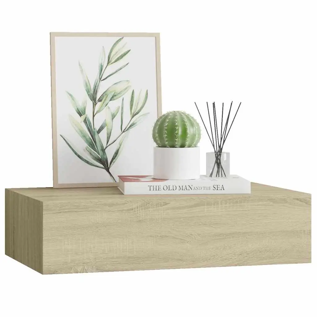 Wall-mounted Drawer Shelf Oak MDF Floating Storage Ledge Organizer 40x23.5x10cm