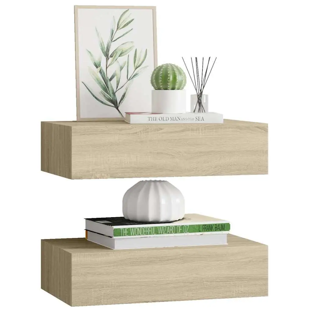 Wall-mounted Drawer Shelves Storage Oak 40x23.5x10cm Set of 2
