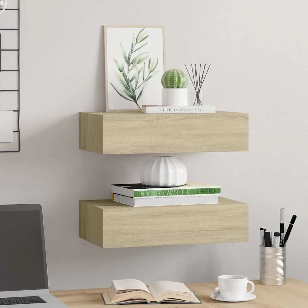 Wall-mounted Drawer Shelves Storage Oak 40x23.5x10cm Set of 2