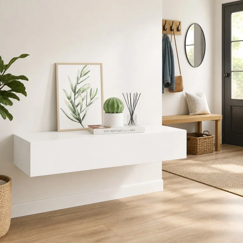 Wall-mounted Organizer Shelf with Drawer for Living Room and Bedroom in White 60x23.5x10cm