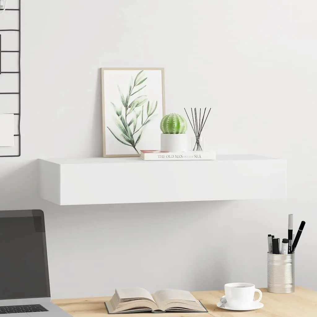 Wall-mounted Organizer Shelf with Drawer for Living Room and Bedroom in White 60x23.5x10cm