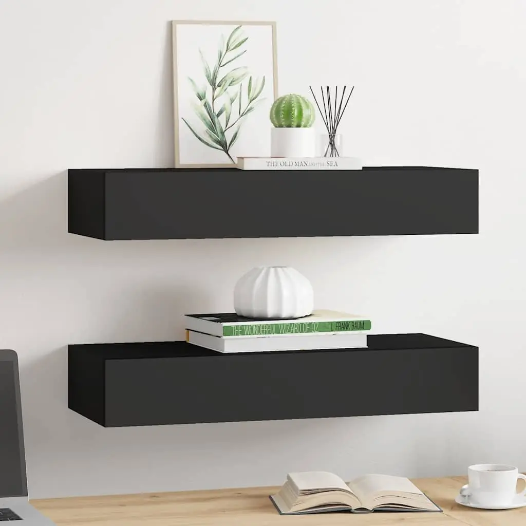 Wall-mounted Drawer Shelves for Bedroom 60 x 23.5 x 10 cm Black 2 Piece