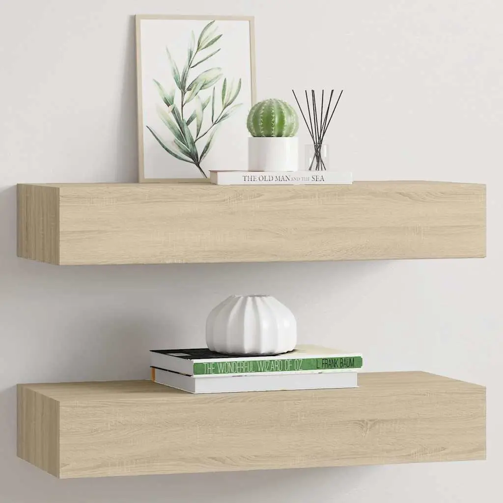 Wall-mounted Floating Storage Shelves with Drawers Oak Brown 60x23.5x10cm Set of 2 for Living Room and Bedroom