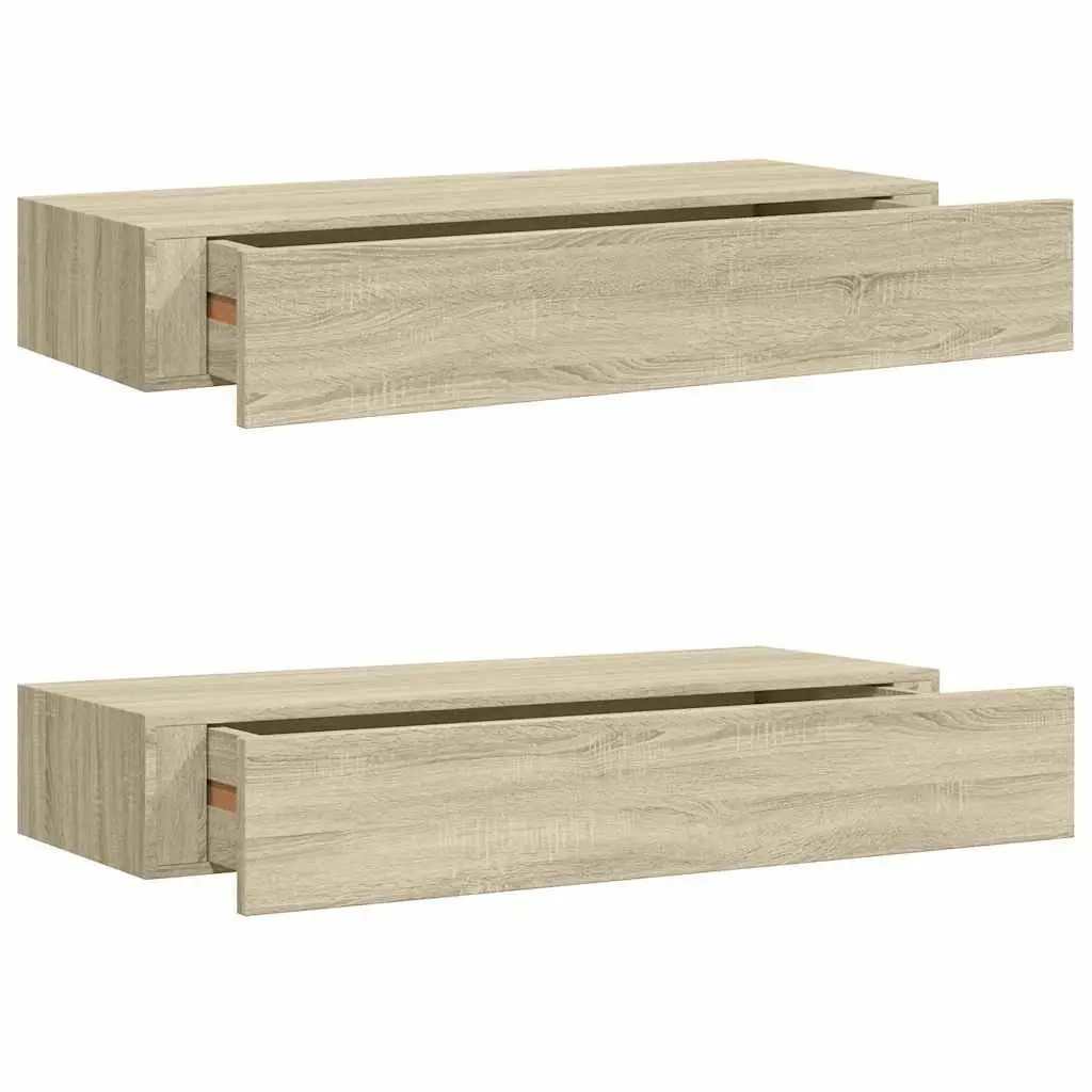 Wall-mounted Floating Storage Shelves with Drawers Oak Brown 60x23.5x10cm Set of 2 for Living Room and Bedroom