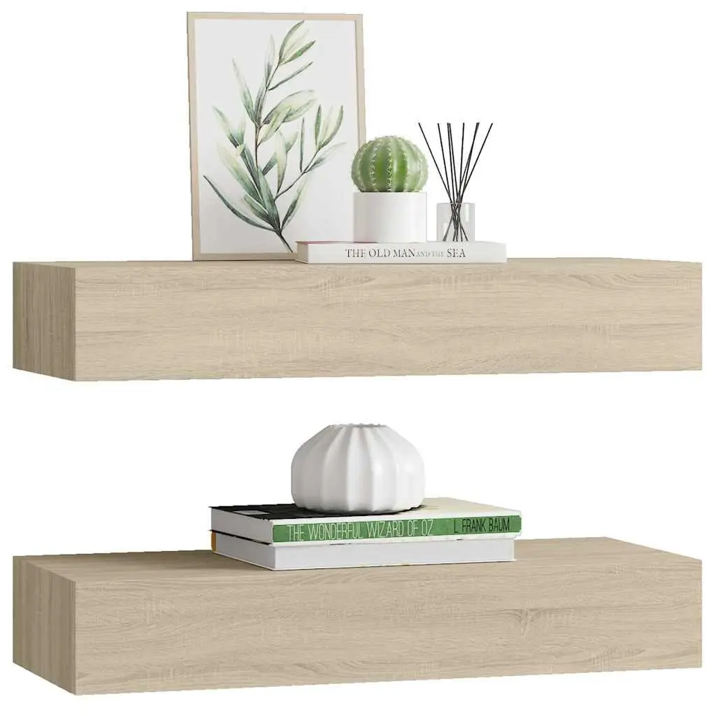 Wall-mounted Floating Storage Shelves with Drawers Oak Brown 60x23.5x10cm Set of 2 for Living Room and Bedroom