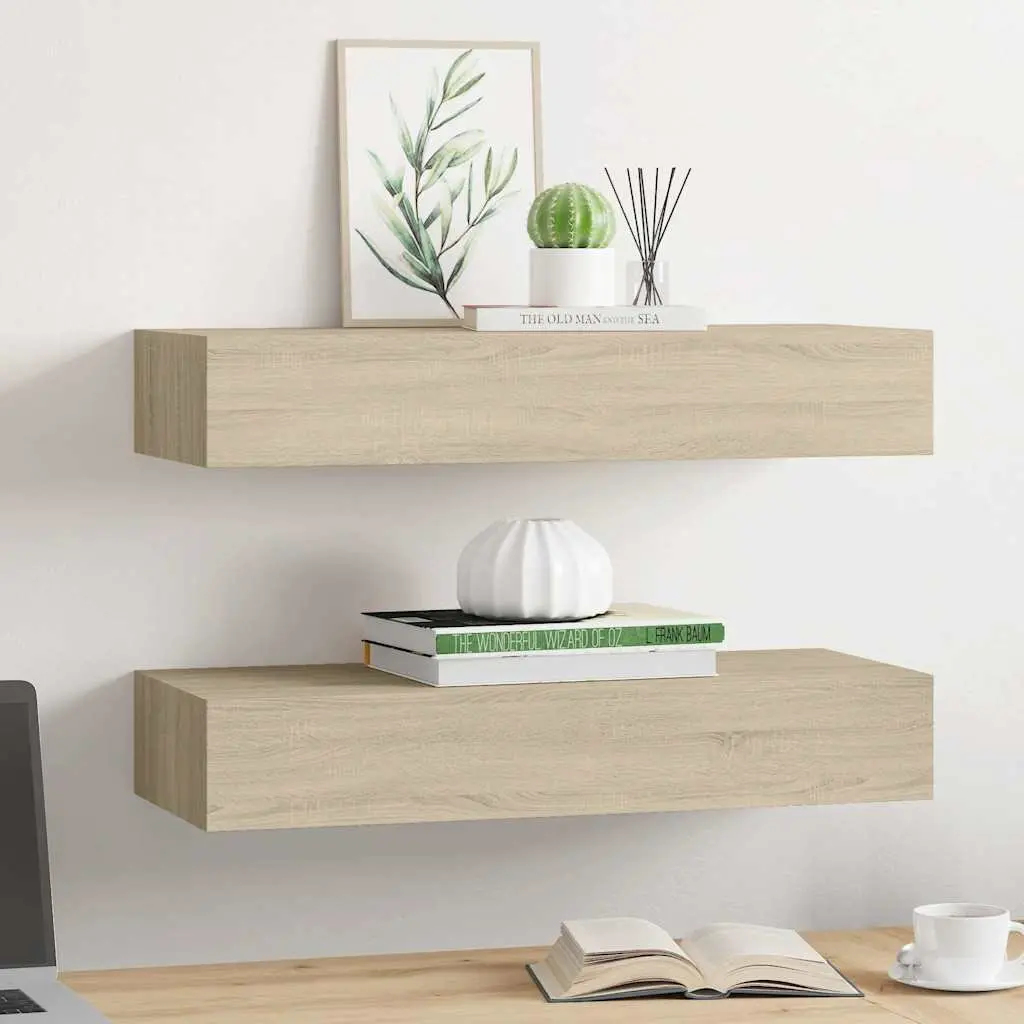 Wall-mounted Floating Storage Shelves with Drawers Oak Brown 60x23.5x10cm Set of 2 for Living Room and Bedroom