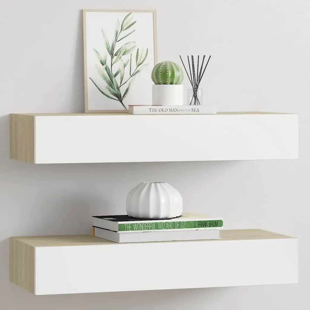 Wall Drawer Shelves Floating Storage 60x23.5x10cm 2 Piece MDF Oak White