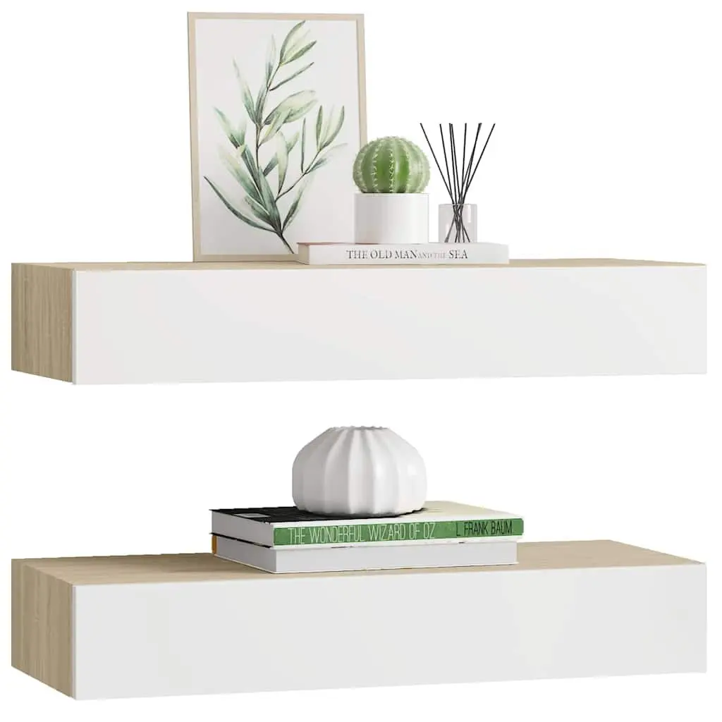 Wall Drawer Shelves Floating Storage 60x23.5x10cm 2 Piece MDF Oak White