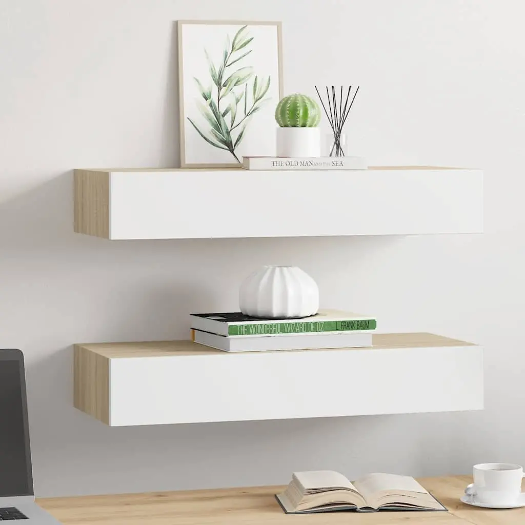Wall Drawer Shelves Floating Storage 60x23.5x10cm 2 Piece MDF Oak White
