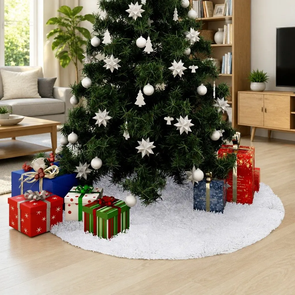 Faux Fur Christmas Tree Skirt 150cm White Holiday Base Cover Decoration