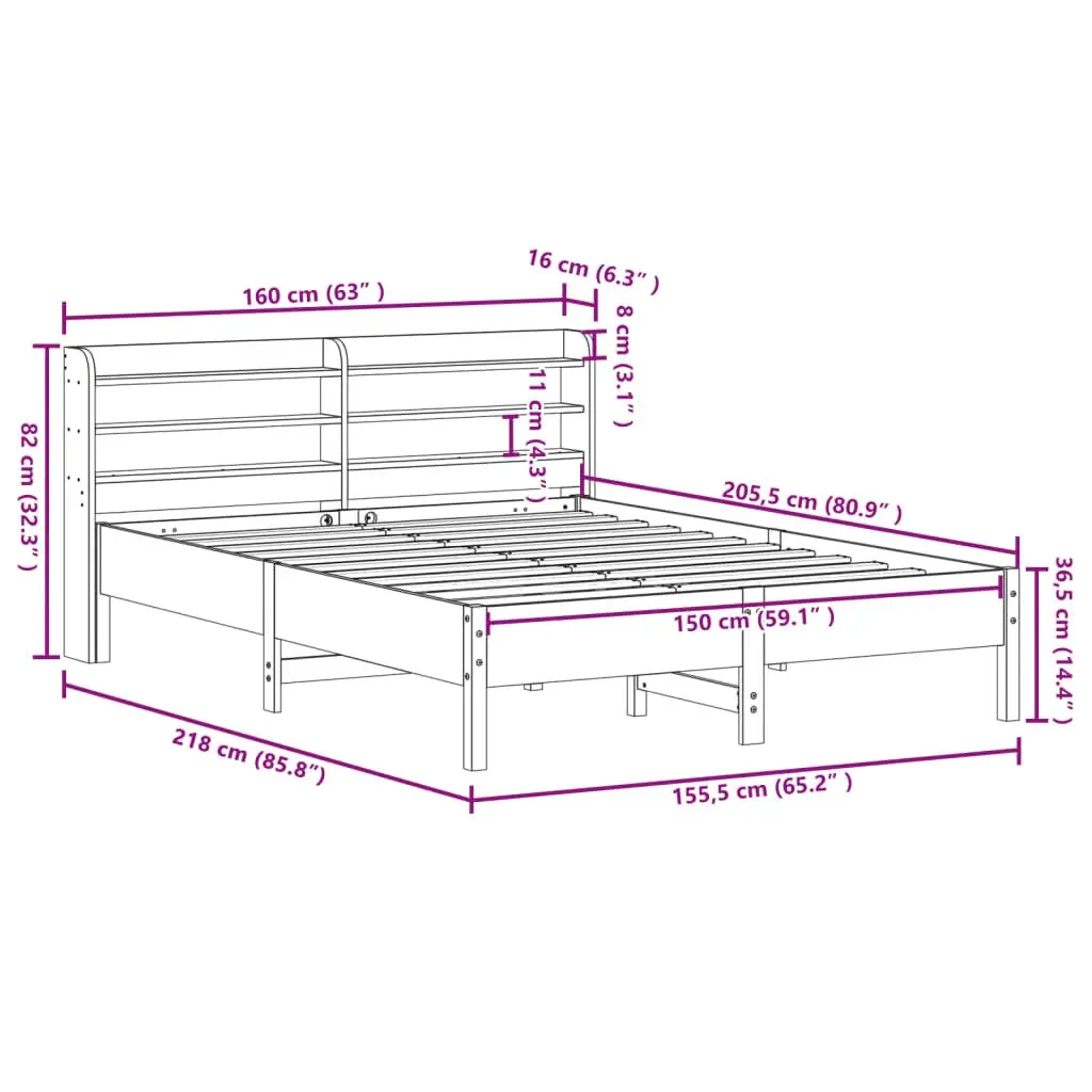 Bed Frame Bedroom 150x200cm Solid Wood Pine Slatted Base Headboard Storage Shelves