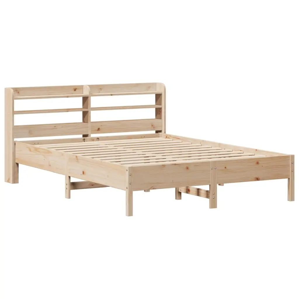 Solid Wood Pine Bed Frame Bedroom 135x190cm Brown Slatted Base Headboard Storage Shelves