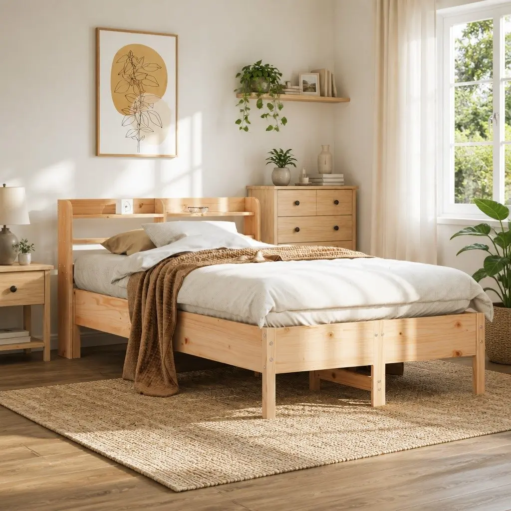Solid Wood Pine Bed Frame 90x190 cm Slatted Base Headboard Storage Shelves
