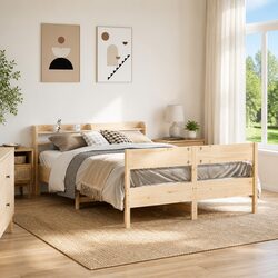 Bed Frame 150x200cm Solid Pine Wood Slatted Base Headboard Storage Shelves