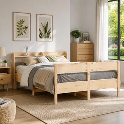 135x190 cm Solid Pine Bed Frame with Storage Headboard