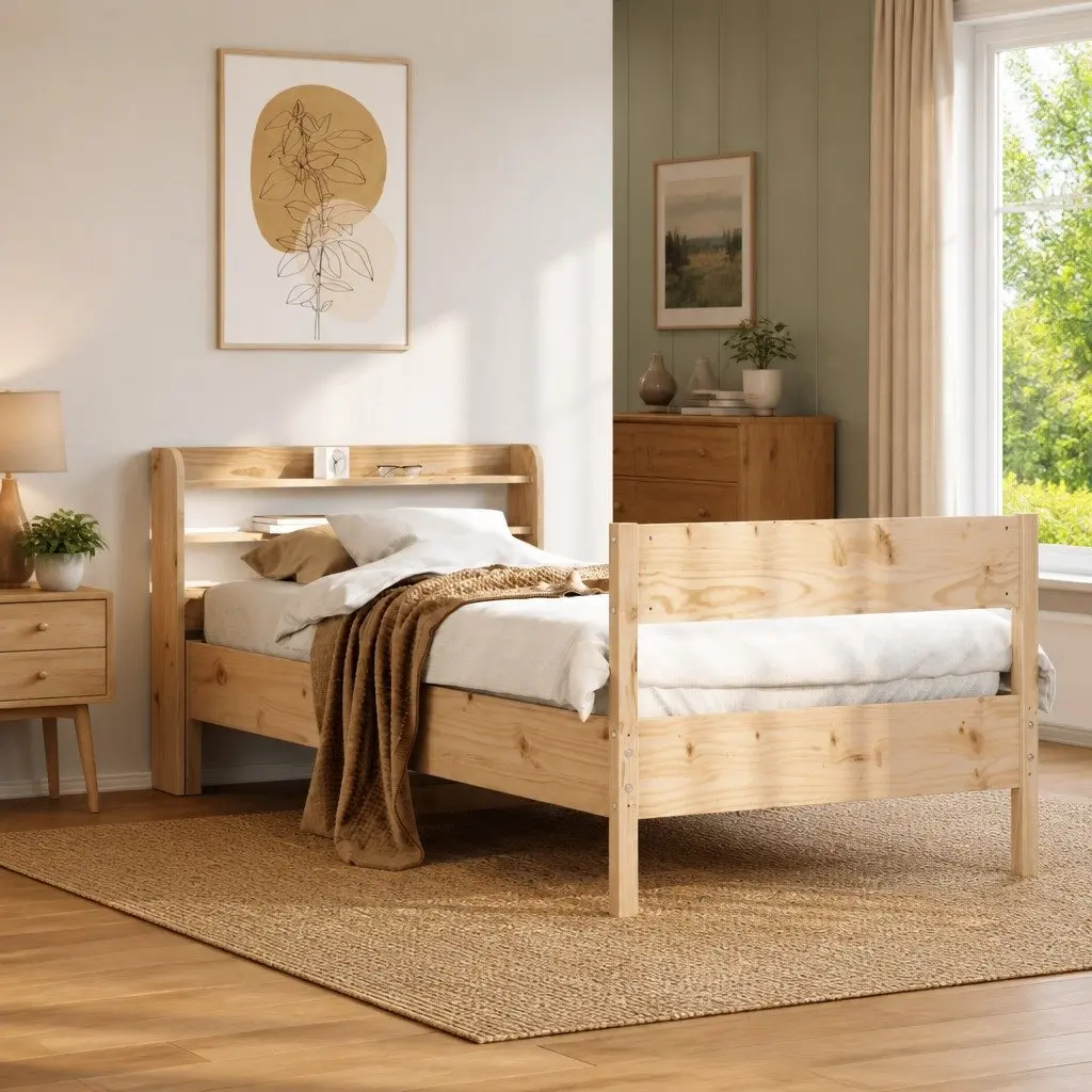 90 x 190 cm Bed Frame in Solid Pinewood with Slatted Base
