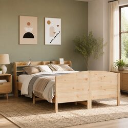 Solid Pine Bed Frame Dimensions: 150x200 cm with Shelves