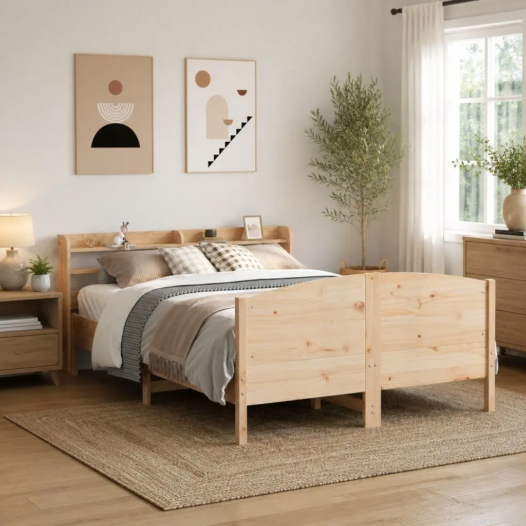 Bed Frame 135x190 cm Solid Pine Wood Slatted Base Headboard with Storage Shelves