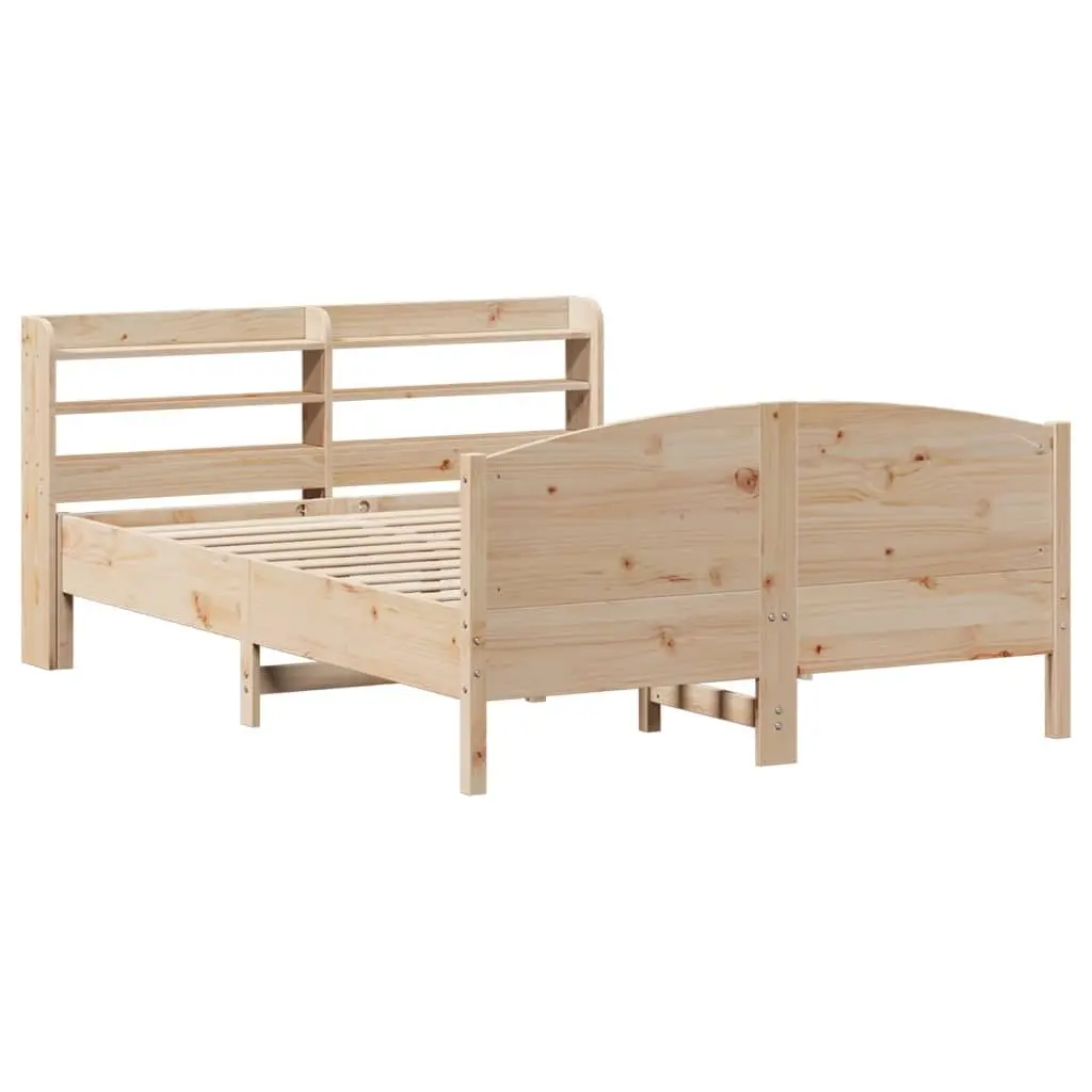 Bed Frame 135x190 cm Solid Pine Wood Slatted Base Headboard with Storage Shelves