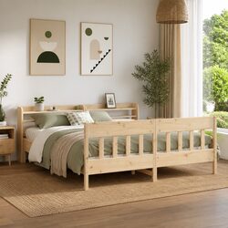 Pine Wood Bed Frame 180x200 cm with Slatted Base and Shelves