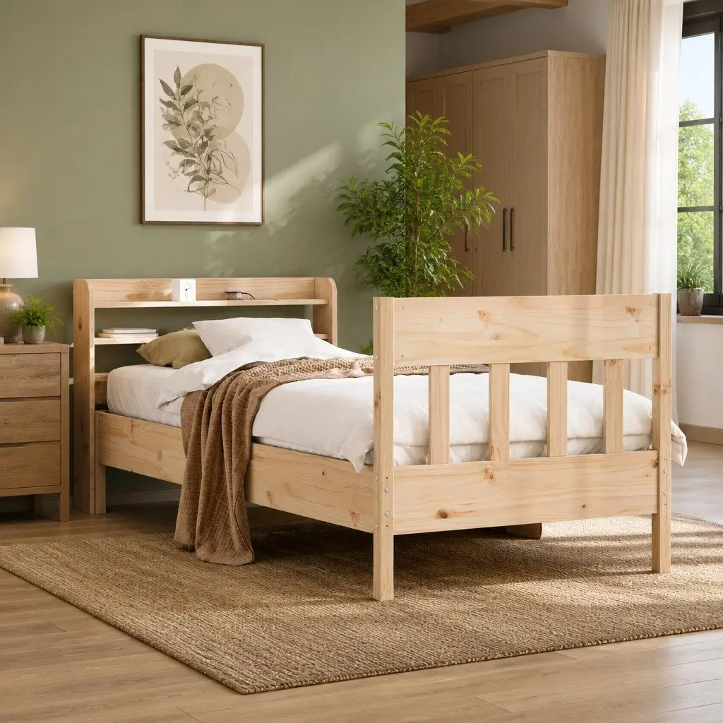 90x190 cm Solid Pine Bed Frame with Headboard and Shelves