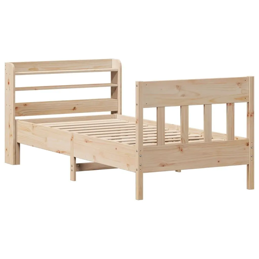 90x190 cm Solid Pine Bed Frame with Headboard and Shelves