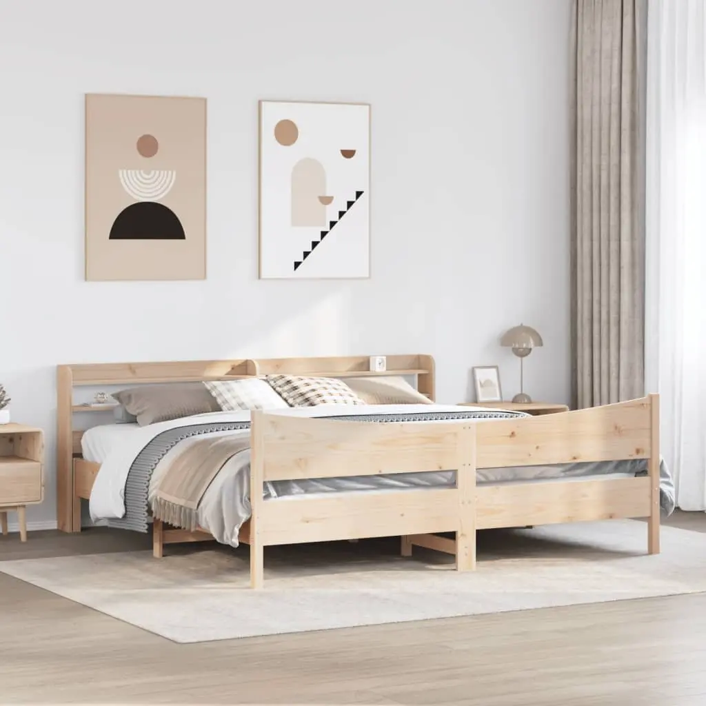 Pine Wood Bed Frame with Storage Headboard 180x200cm