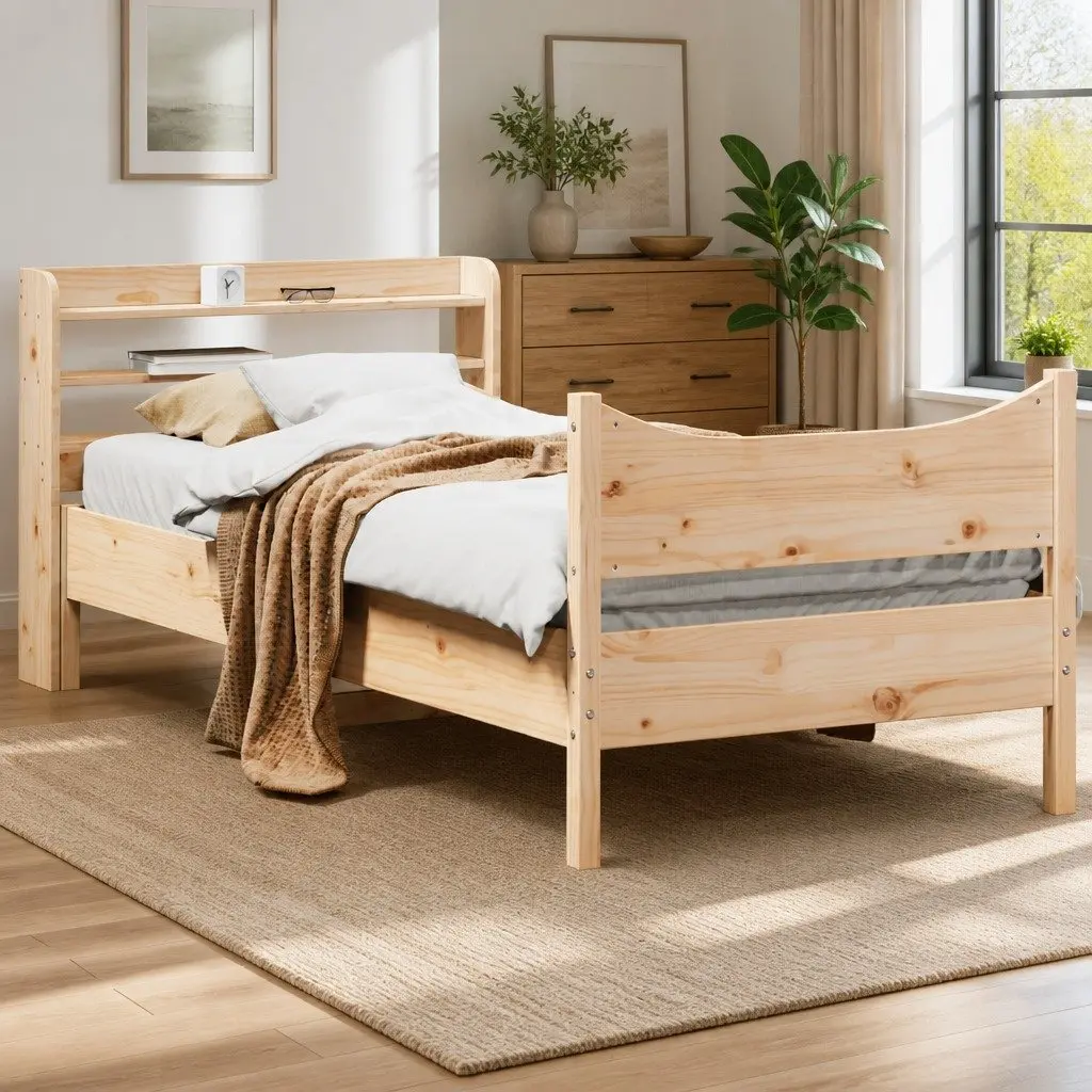 90x190 cm Bed Frame with Solid Pine Wood Headboard