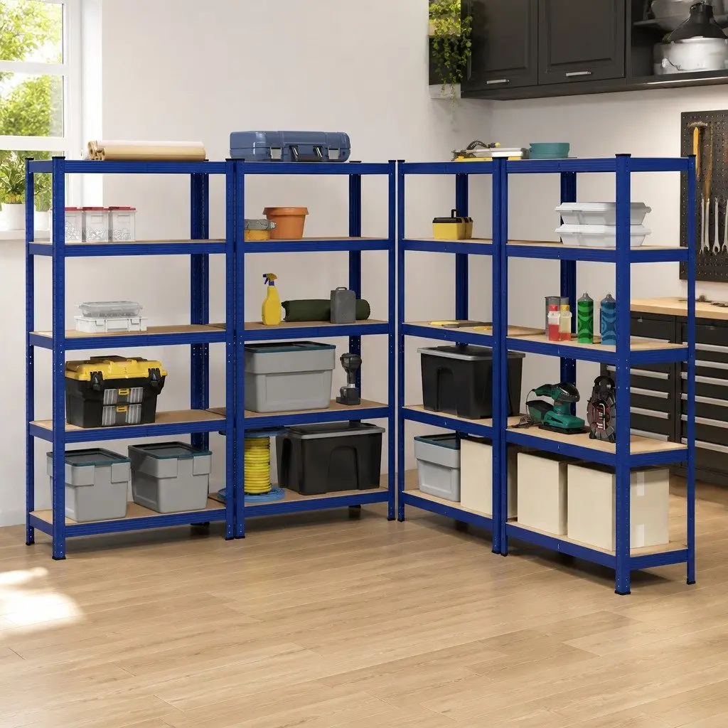 5-Layer Industrial Storage Shelves 4 Piece Set Blue Steel Engineered Wood Garage