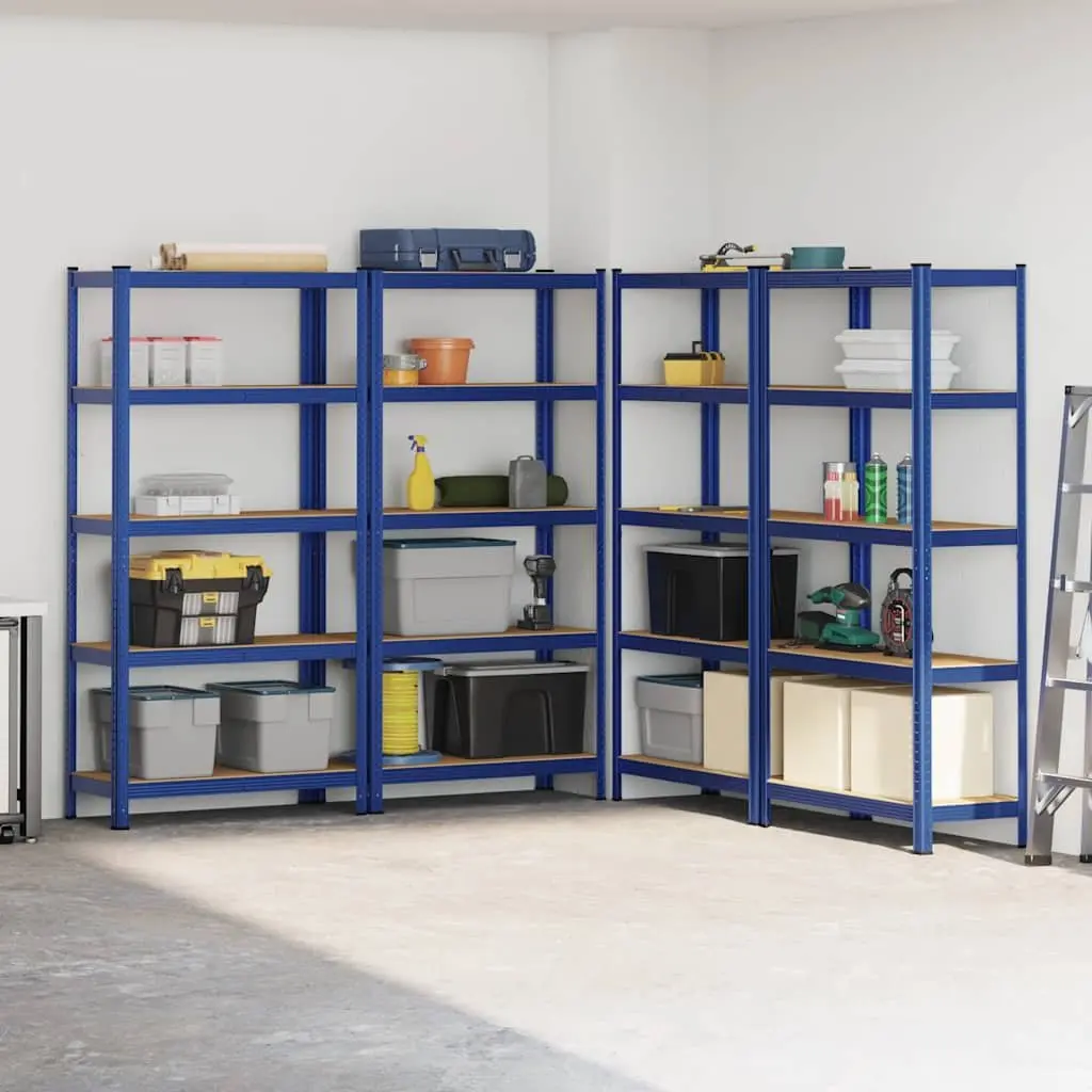 5-Layer Industrial Storage Shelves 4 Piece Set Blue Steel Engineered Wood Garage