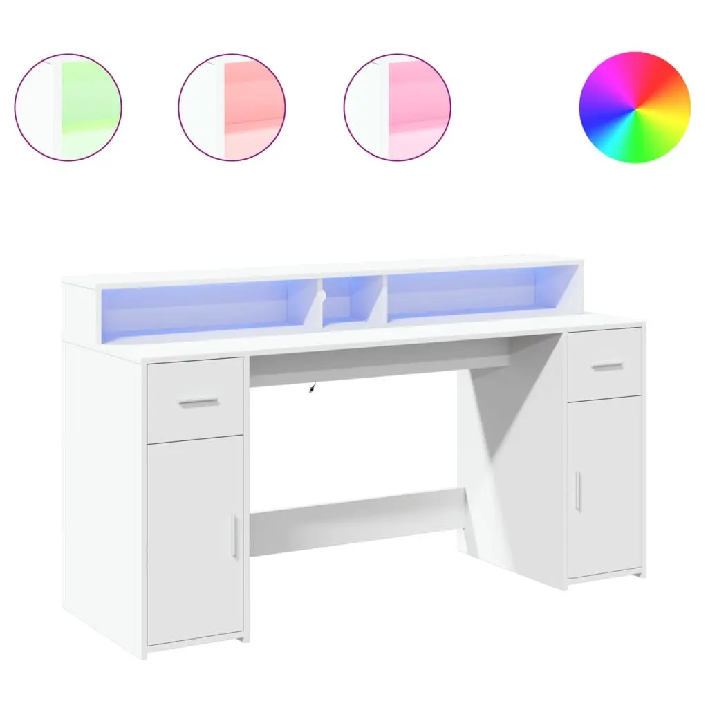 White Office Desk with RGB LED Lights 160L x 55W x 91H cm