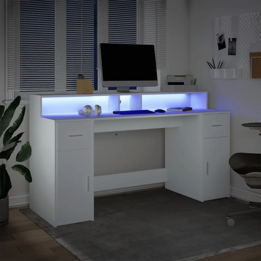 White Office Desk with RGB LED Lights 160L x 55W x 91H cm