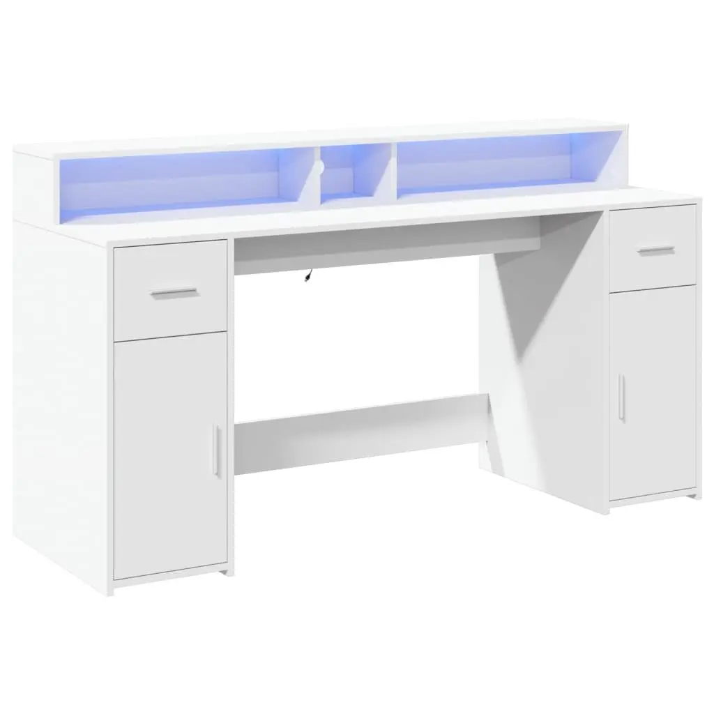 White Office Desk with RGB LED Lights 160L x 55W x 91H cm