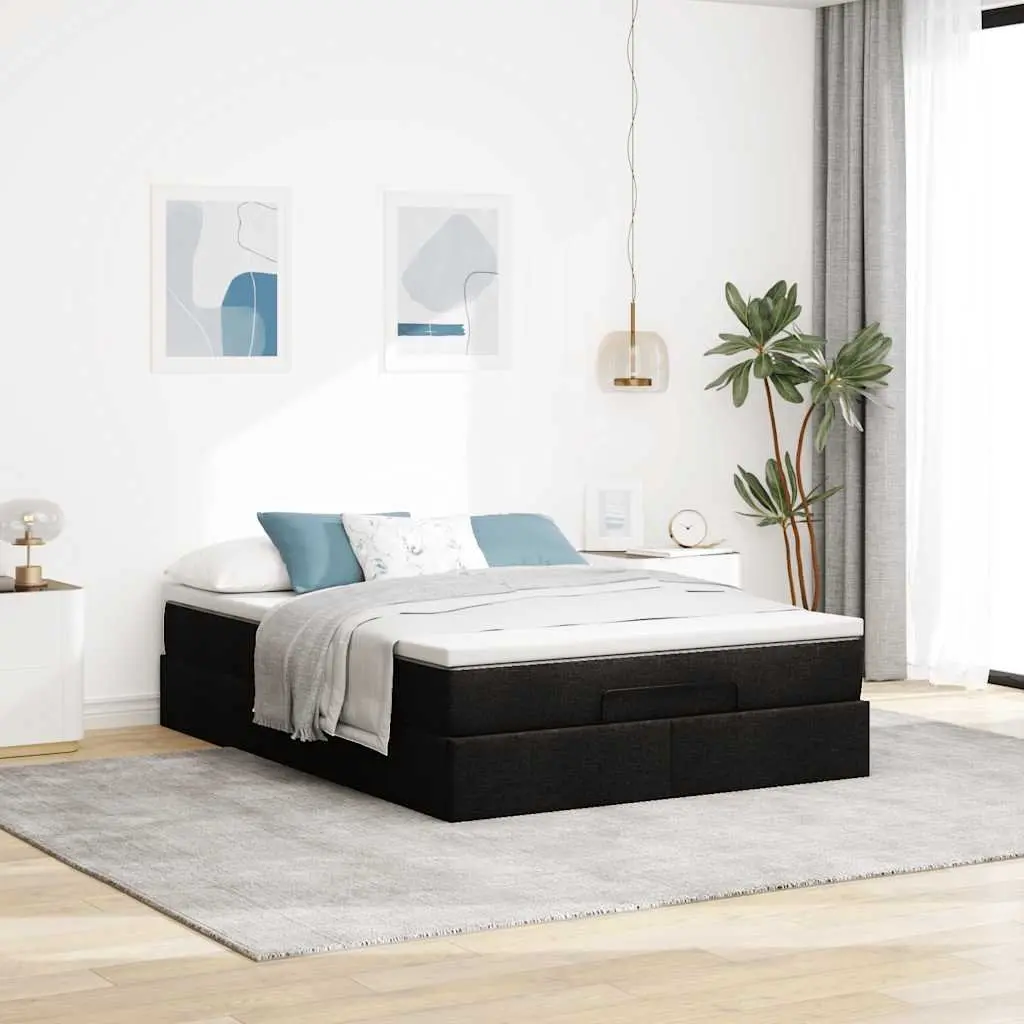 Double Ottoman Bed with Pocket Spring Mattress Black Fabric Storage Lift