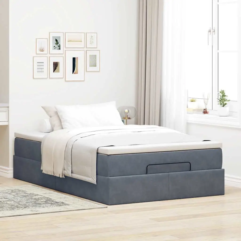 Ottoman Bed Super Single Velvet Grey with Pocket Spring Mattress and Hydraulic Lift Storage