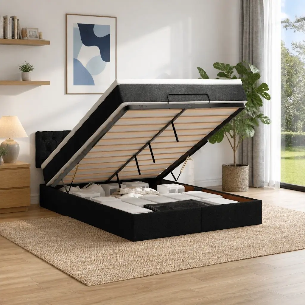 Ottoman Bed Double Black Fabric with Mattress Storage Lift Base Frame