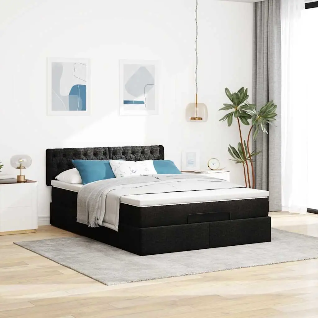 Ottoman Bed Double Black Fabric with Mattress Storage Lift Base Frame