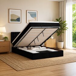Double Ottoman Bed - Black Fabric, Pocket Spring Mattress