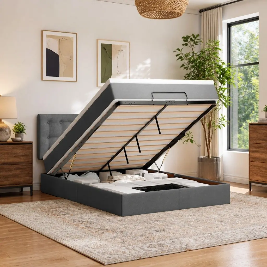 Ottoman Bed Queen with Pocket Spring Mattress Grey Fabric Storage Lift Base