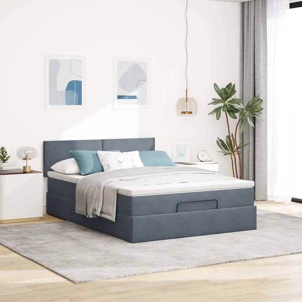 Ottoman Bed Double Grey Velvet with Pocket Spring Mattress and Hydraulic Lift Storage Base