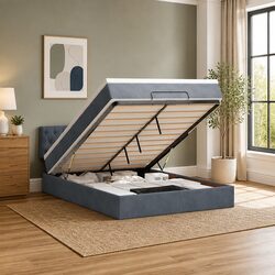 Queen Ottoman Bed with Pocket Spring Mattress Grey Velvet Storage Lift Base